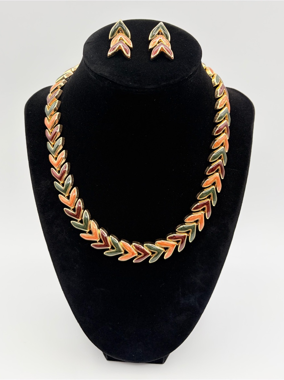 Vintage Multicolor Enamel Chevron Necklace Set Gold Tone